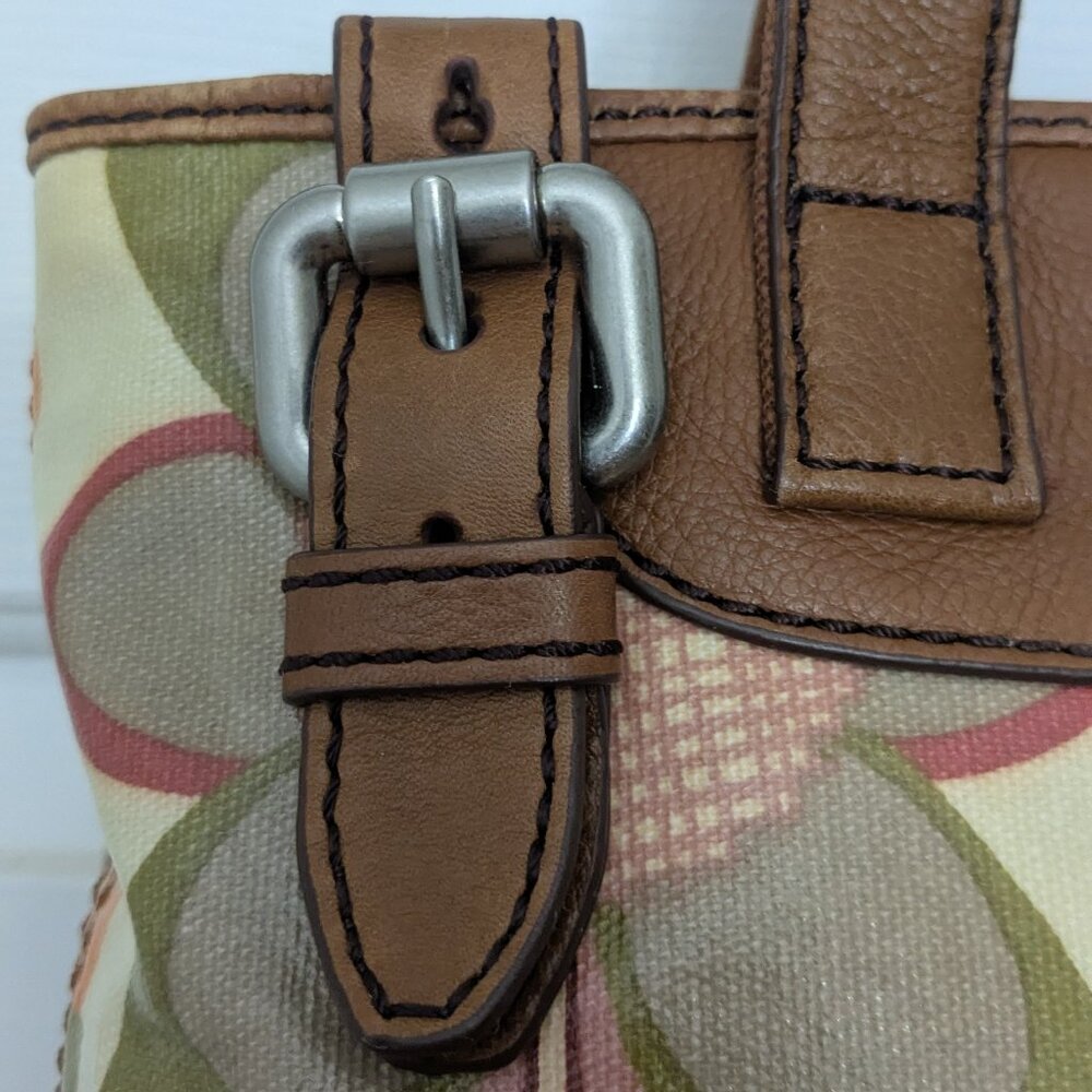 Vintage Fossil KeyPer Vibrant Floral Coated Canvas and Brown Leather Tote Should - Picture 2 of 16